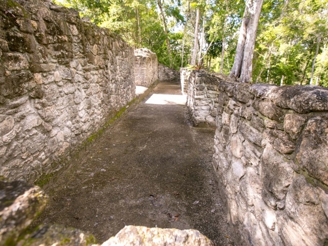 A pathway in the royal house at the Mayan ruins of Dzibanche in Mexico