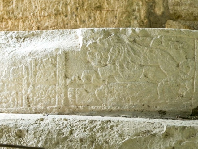 Stone relief at the Mayan ruins of Dzibanche in Mexico