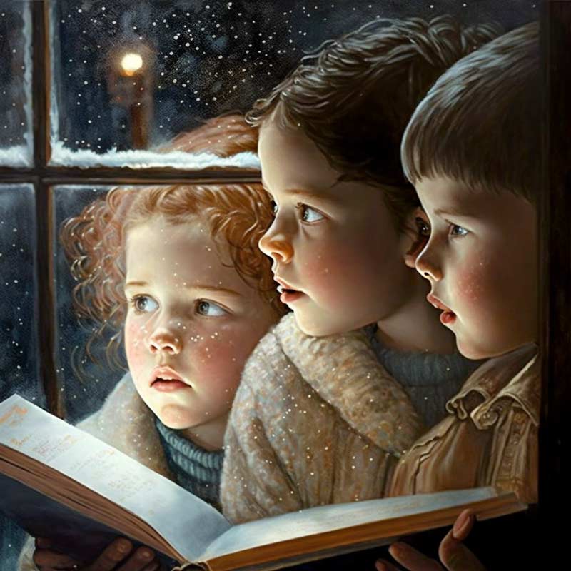 An old-timey image of three children reading a storybook during a snowfall, created on Midjourney by Nicole Lazzaro.